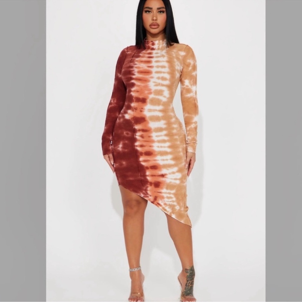 Fashion Nova Asymmetrical Orange Brown Bodycon Dress Rene Tie Dye Midi Dress